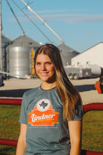 Load image into Gallery viewer, Heather Slate Tshirt-NEW updated Orange Distressed  Block Lindner logo
