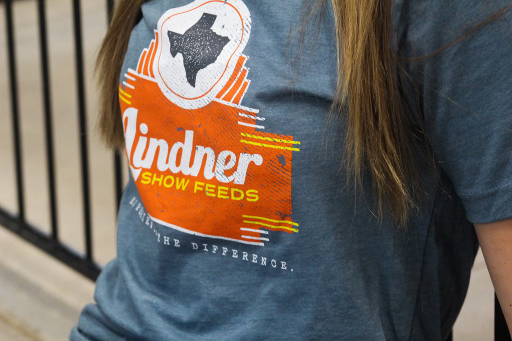 Heather Slate Tshirt-NEW updated Orange Distressed  Block Lindner logo